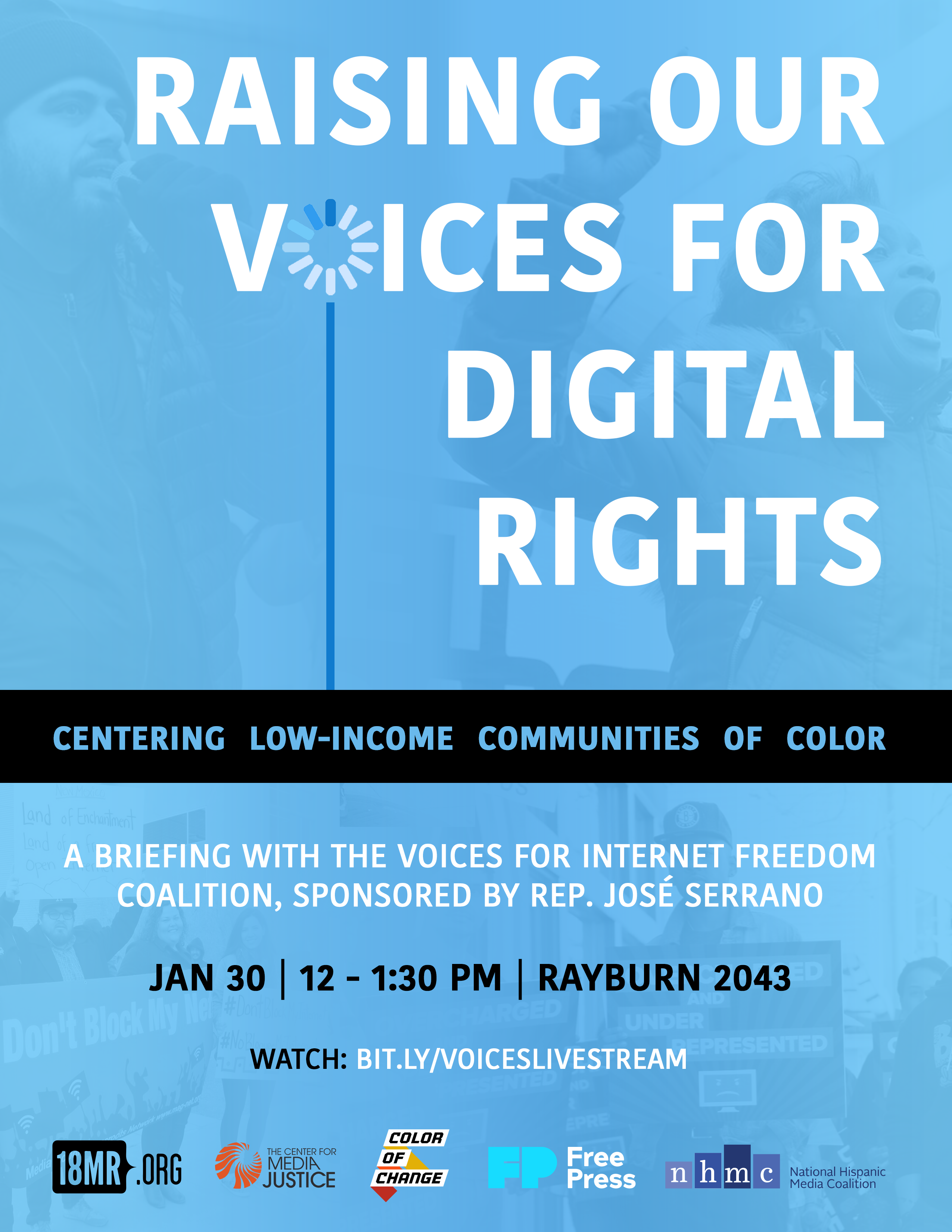 Image: A flyer for "Raising Our Voices for Digital Rights," a briefing for new members of Congress on Jan 30th at 12 pm ET, in Washington D.C. Watch the livestream: bit.ly/voiceslivestream. Hosted by Voices for Internet Freedom Coalition.